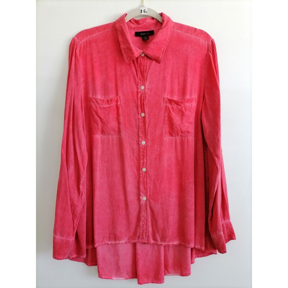 Style & Co. Womens Pink Roll Tab Sleeve Hi Low Hem Modern Button Up Shirt Size L